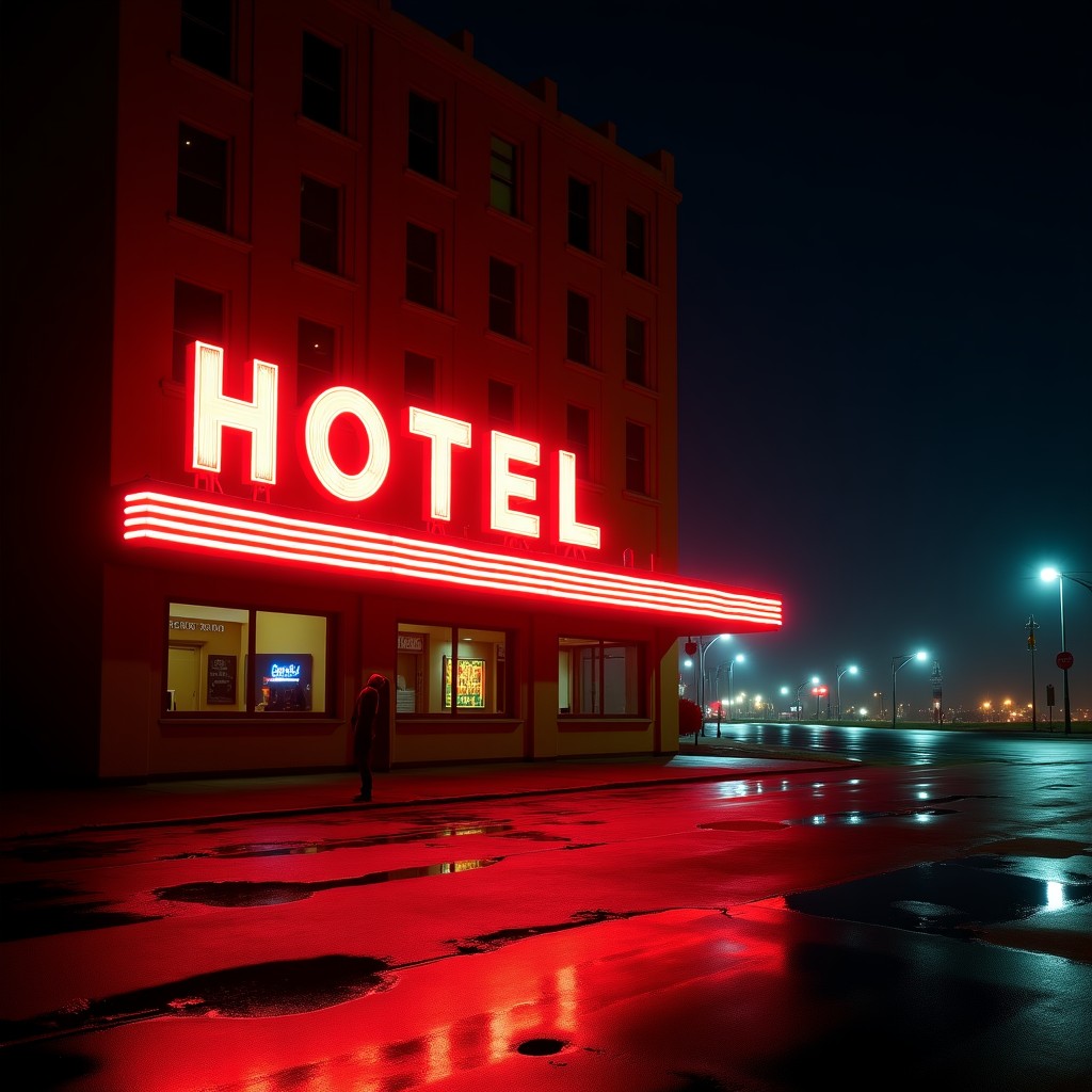 Night view of the Cecil Hotel sign with glowing neon lights, dramatic shadows, realistic urban photography, 1:1