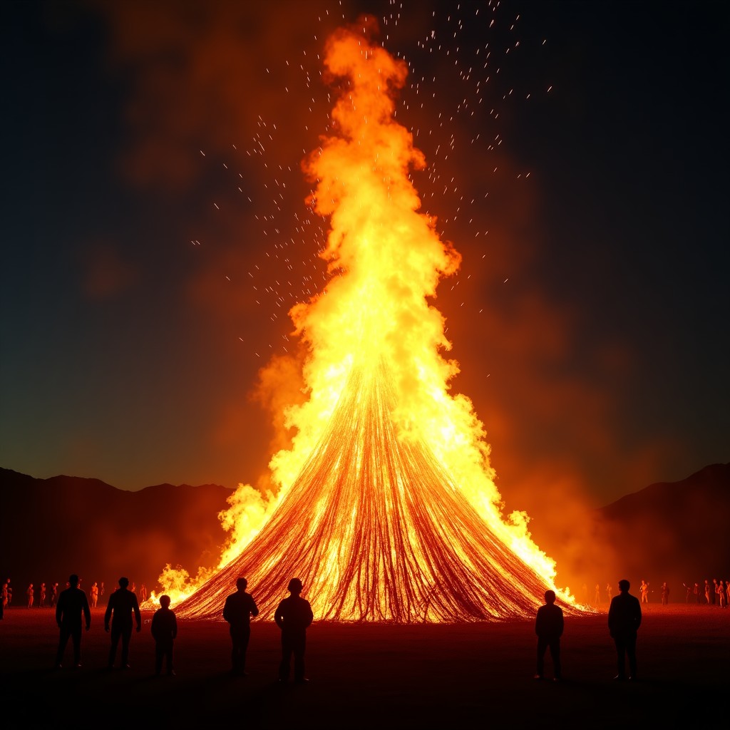 A dramatic night scene of a large traditional Korean straw bonfire called Daljip burning bright orange and yellow flames reaching towards the dark sky. Silhouettes of people watching from a safe distance. Sparks flying in the air, cultural heritage atmosphere, realistic cinematic lighting, 4:3