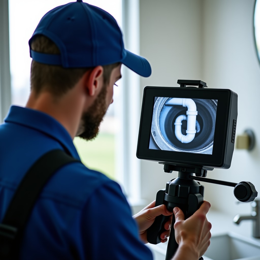 A professional plumber using a high tech sewer camera monitor to inspect the inside of a pipe. The screen shows a detailed view of a clogged pipe. The setting is a clean indoor bathroom. 4:3