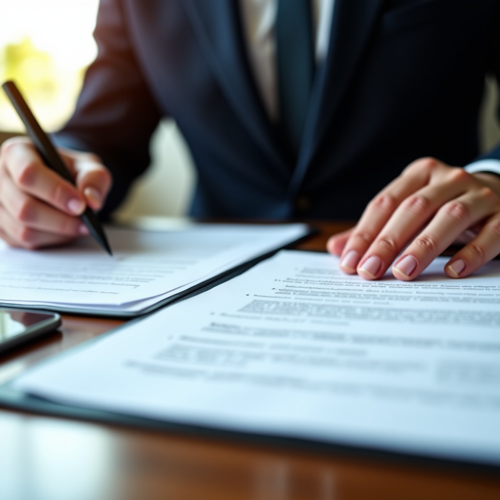 Close up of professional hands reviewing legal documents and case files on a desk, warm office lighting, realistic photography, 4:3