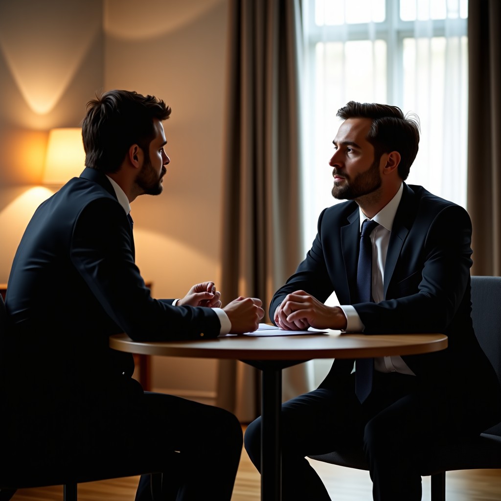 Two people engaged in a serious legal consultation in a private office, professional attire, soft lighting, focused mood, 4:3