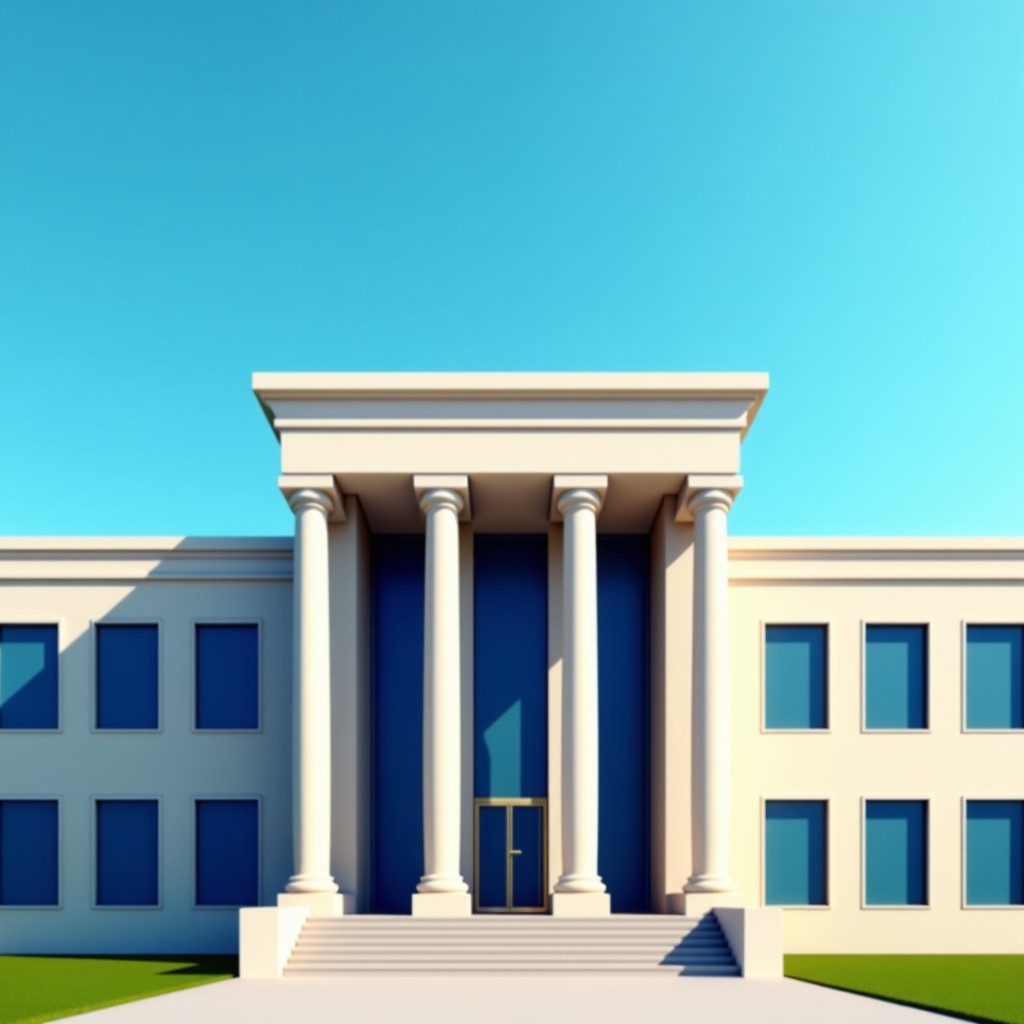 A modern courthouse building exterior, clean architectural lines, blue sky background, professional and authoritative atmosphere, 4:3