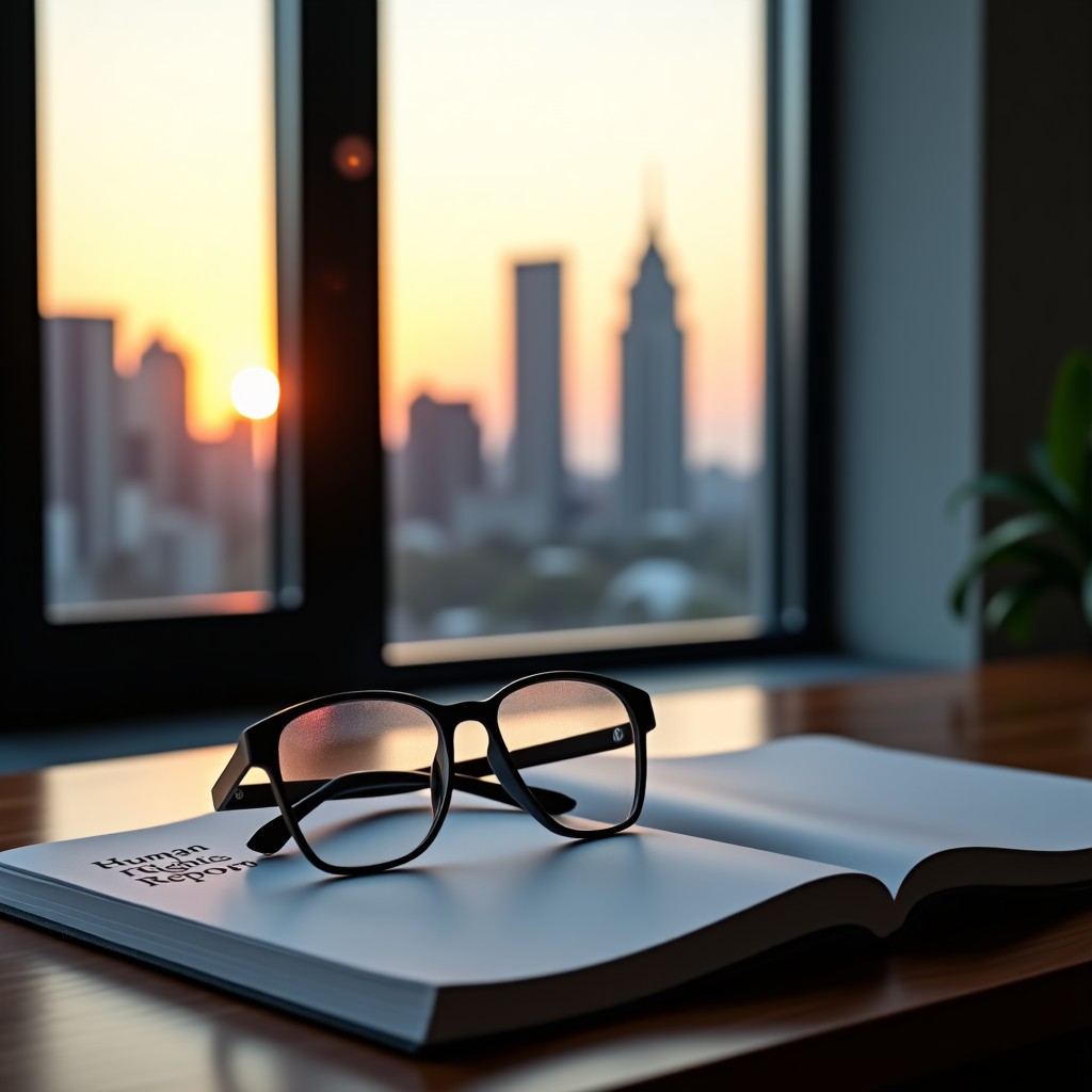 A close-up shot of a desk featuring a thick law book, a pair of glasses, and a folder labeled Human Rights Report. A window in the background shows a city skyline at sunset. The atmosphere is serious and academic, with soft natural light. Lifestyle photography. 4:3