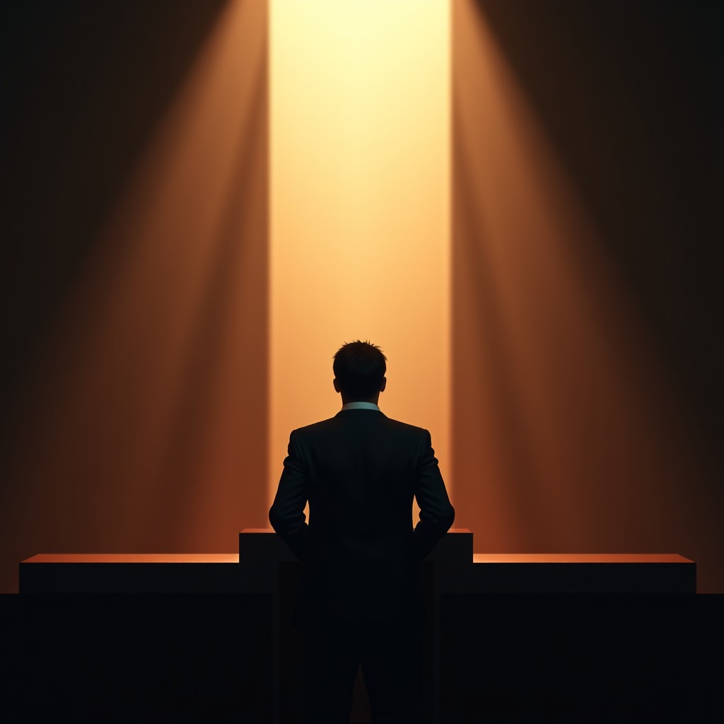 A professional cinematic shot of a courtroom setting with a silhouette of a person resembling a tech entrepreneur standing at a podium, dramatic lighting, serious atmosphere, 4:3.