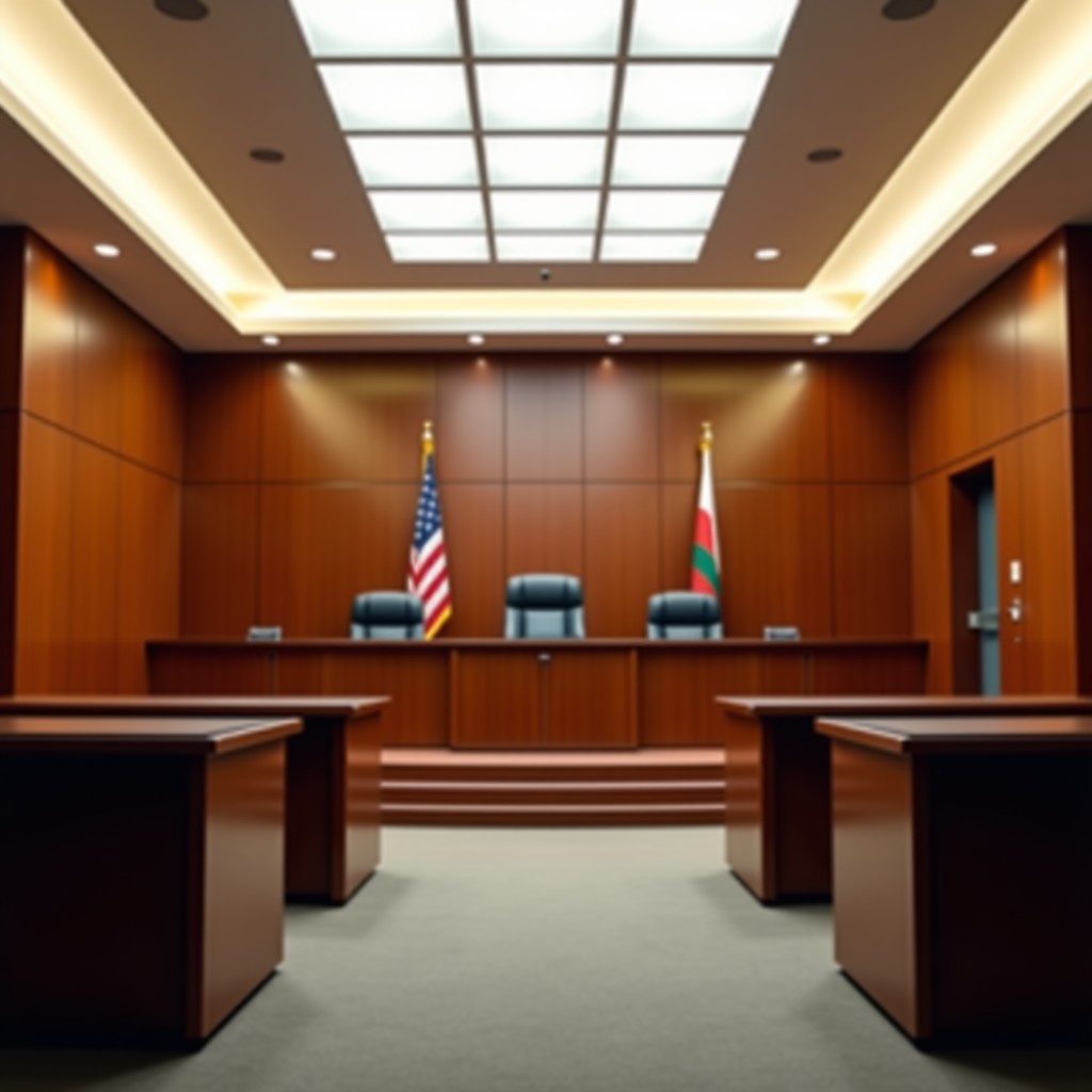 Modern courtroom interior with a focus on the judges bench, clean lines, professional atmosphere, wide angle, high contrast, 1:1
