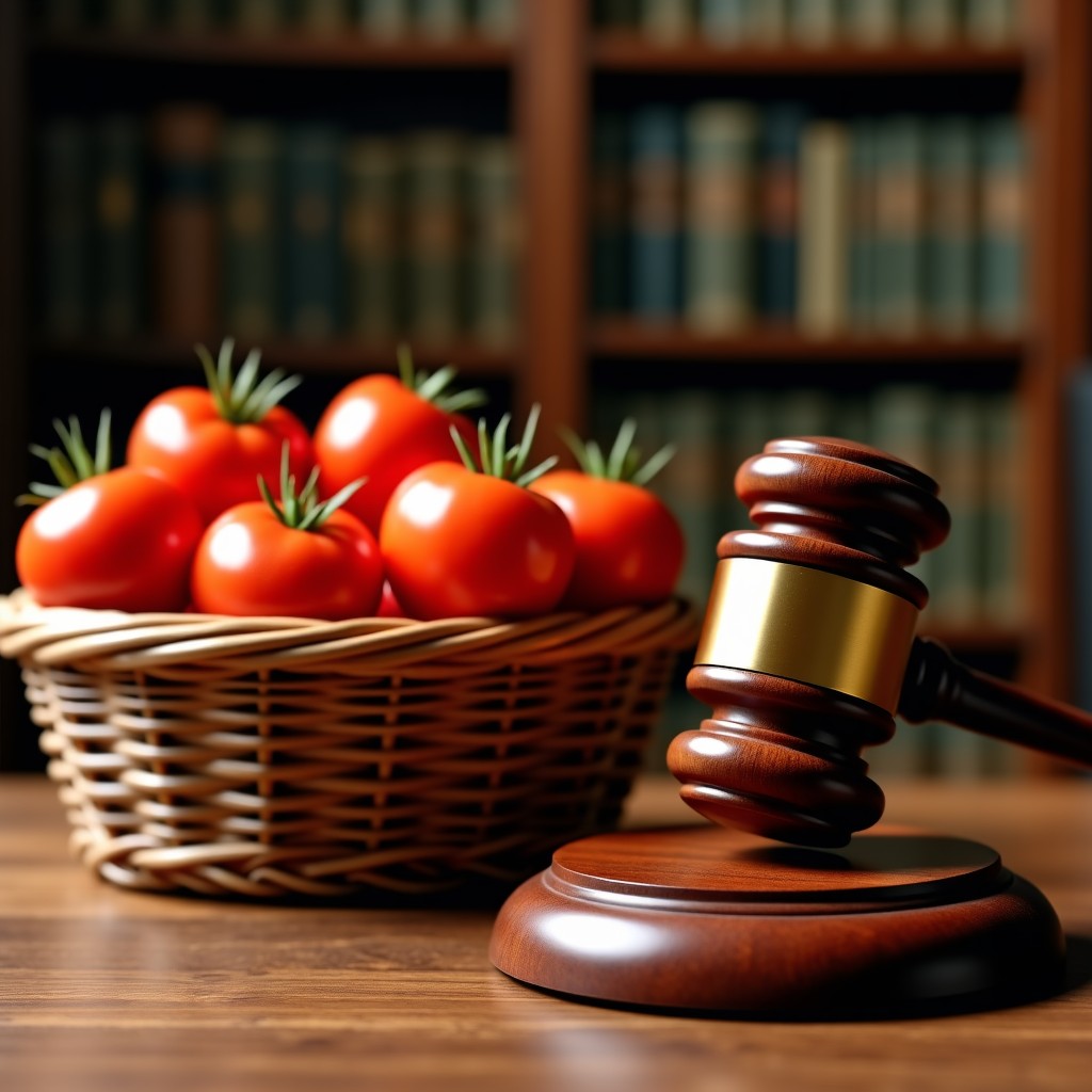 A wooden judge's gavel resting on a desk next to a classic wicker basket filled with ripe tomatoes, conceptualizing the legal classification of vegetables, vintage legal library background. 4:3