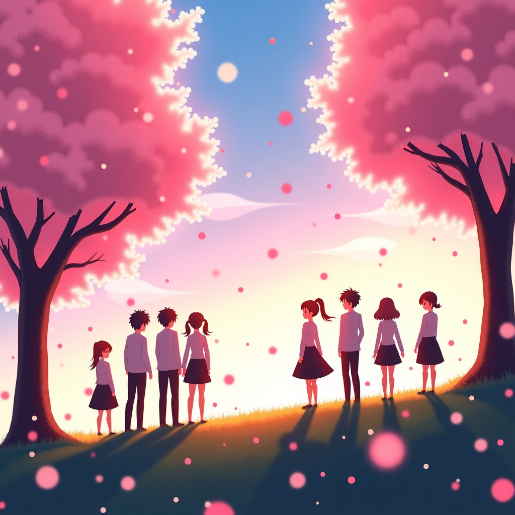 Several anime characters standing on a hill with pink cherry blossoms falling around them. Bright and warm lighting, peaceful atmosphere, high quality digital illustration, 16:9