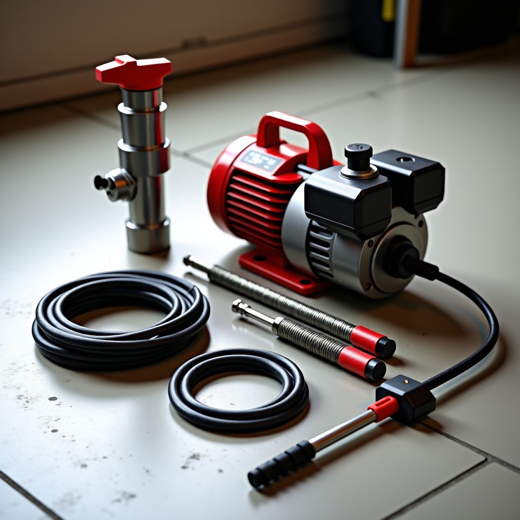 A professional plumbing tool set including a motorized drain auger and specialized cables laid out neatly on a clean floor. High quality photography with professional lighting. 4:3