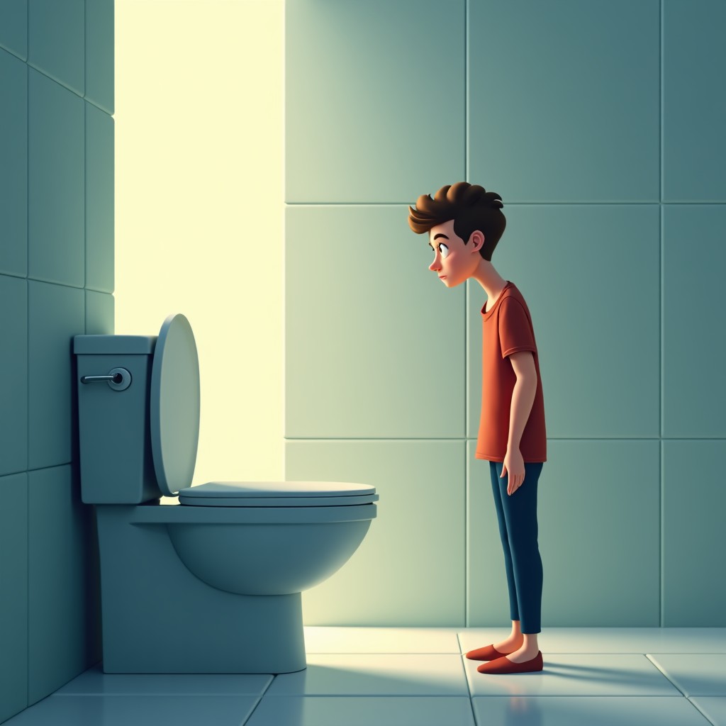 A person standing in a modern bathroom looking at a clogged toilet with a concerned expression. The lighting is realistic and natural. The bathroom has clean tiles and a minimalist design. 4:3