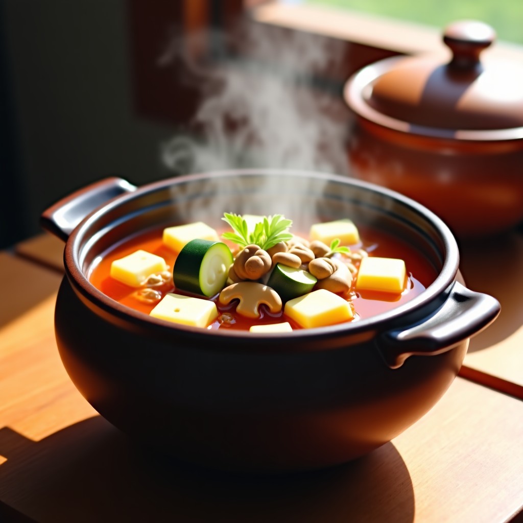 A steaming pot of traditional Korean soybean paste stew (Doenjang-jjigae) filled with tofu, zucchini, and mushrooms. Earthy tones, authentic Korean pottery (Ttukbaegi), warm and hearty atmosphere. No text. 4:3
