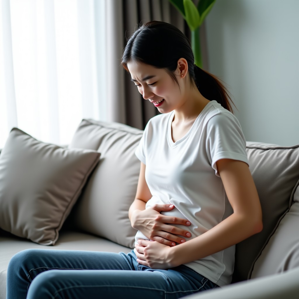 A Korean person in casual clothes sitting on a sofa, holding their abdomen with a painful expression. Natural indoor lighting, high quality lifestyle photography, 1:1.