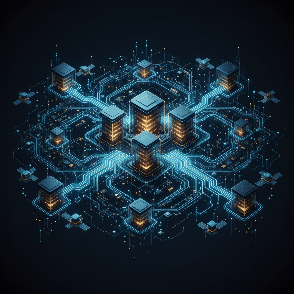 복잡하게 얽힌 디지털 네트워크와 데이터 서버의 시각화