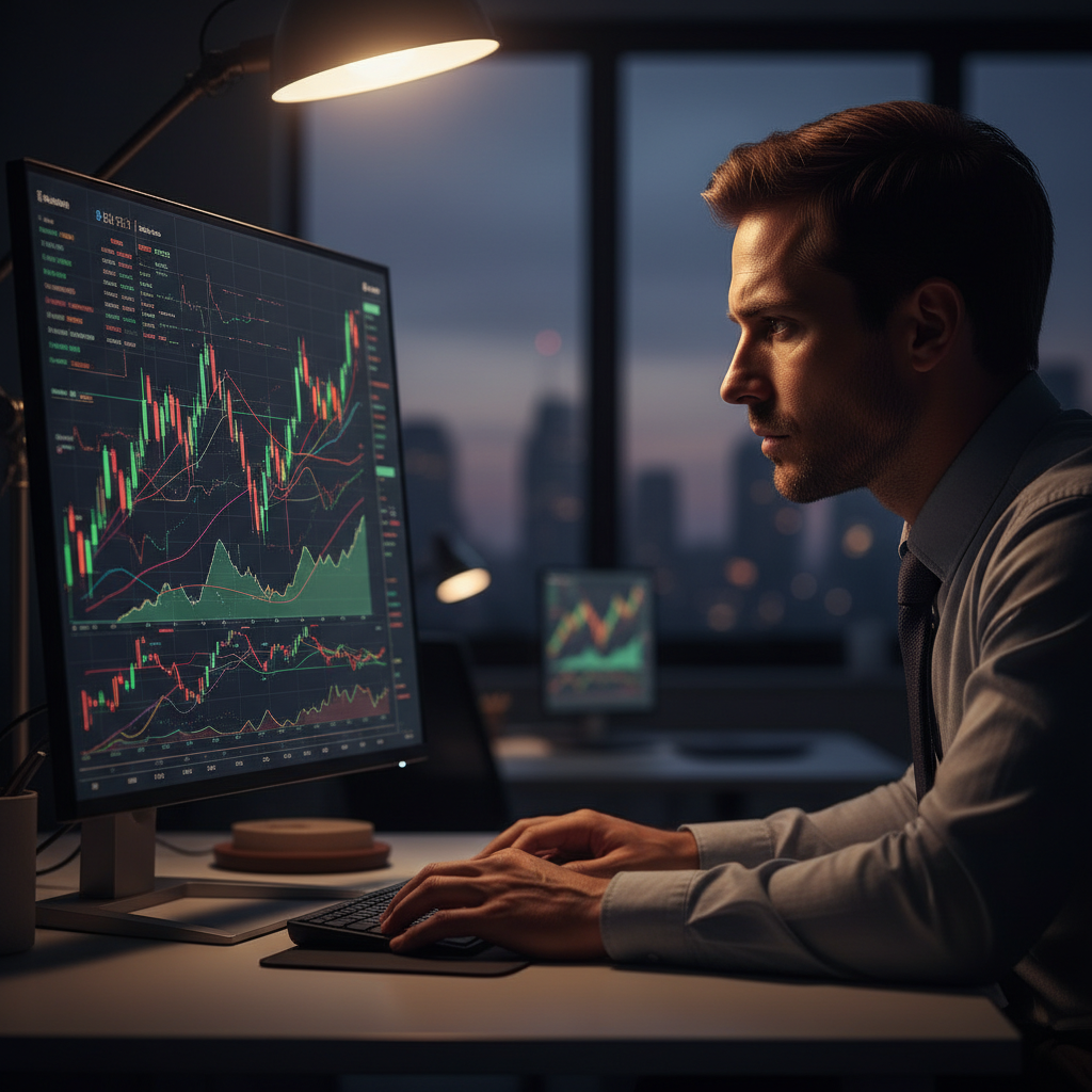 복잡한 금융 차트를 바라보는 진지한 투자자의 모습