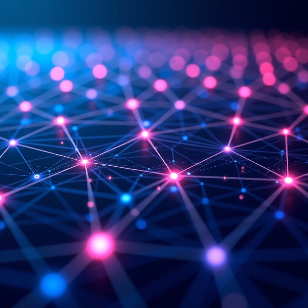 A complex web of glowing nodes and connection lines representing data flow, high-tech abstract style, vibrant blue and purple gradients, 4:3