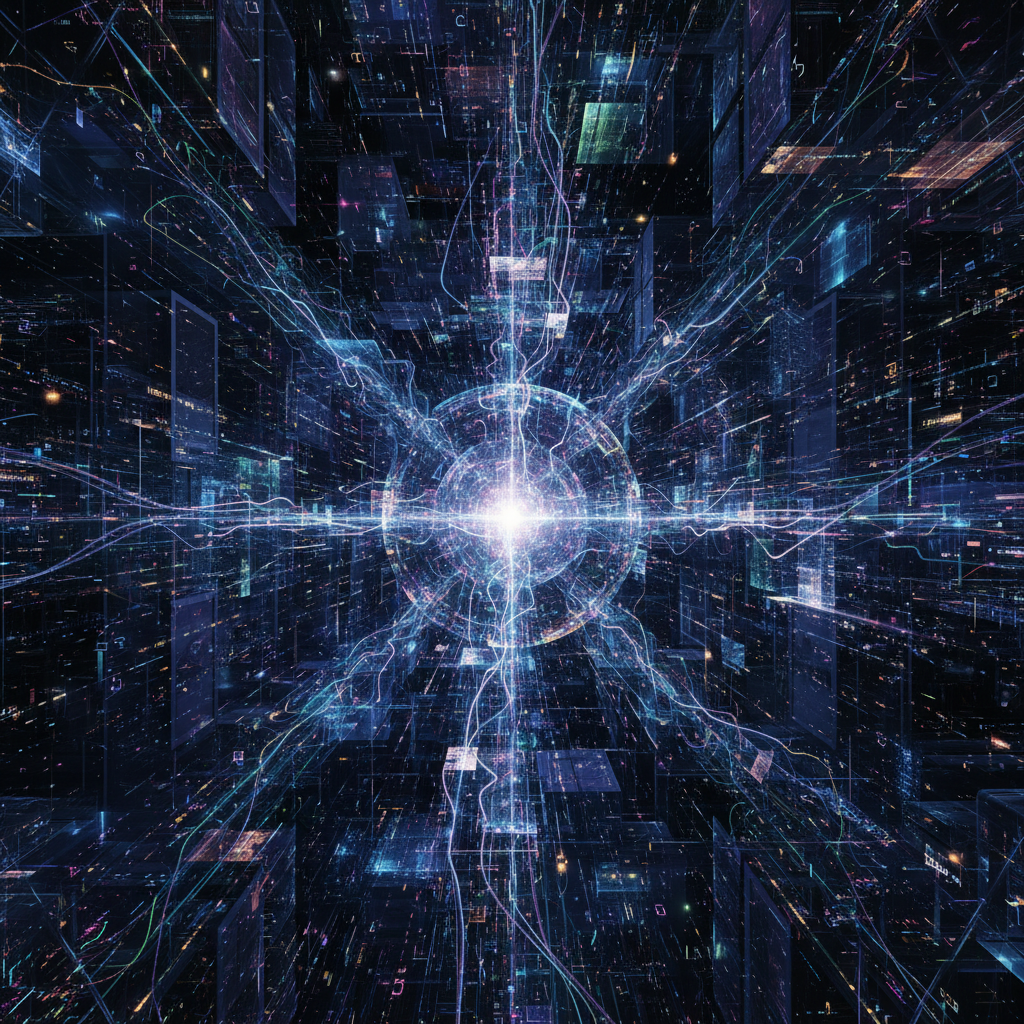 복잡한 데이터 네트워크와 인공지능 기술의 흐름을 상징하는 추상적인 이미지