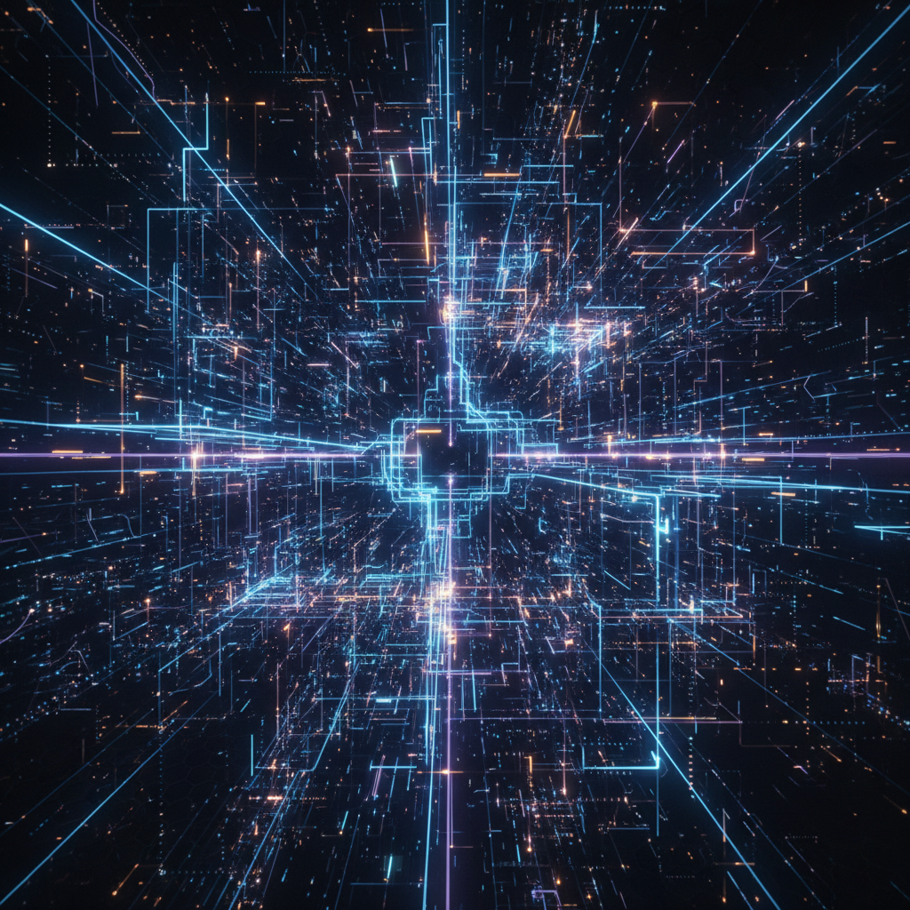 복잡한 데이터와 네트워크를 연결하는 추상적인 미래형 AI 인터페이스