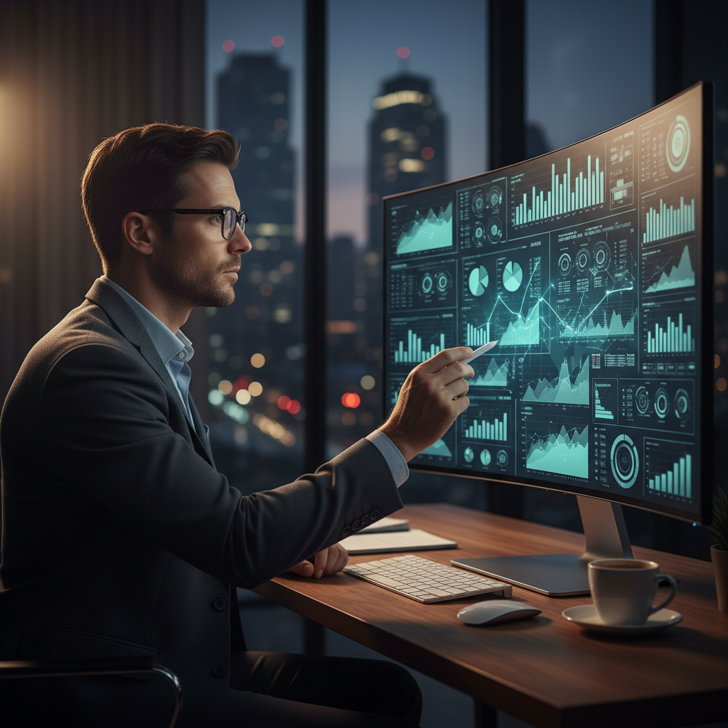 복잡한 데이터와 차트를 분석하는 비즈니스 분석가의 모습