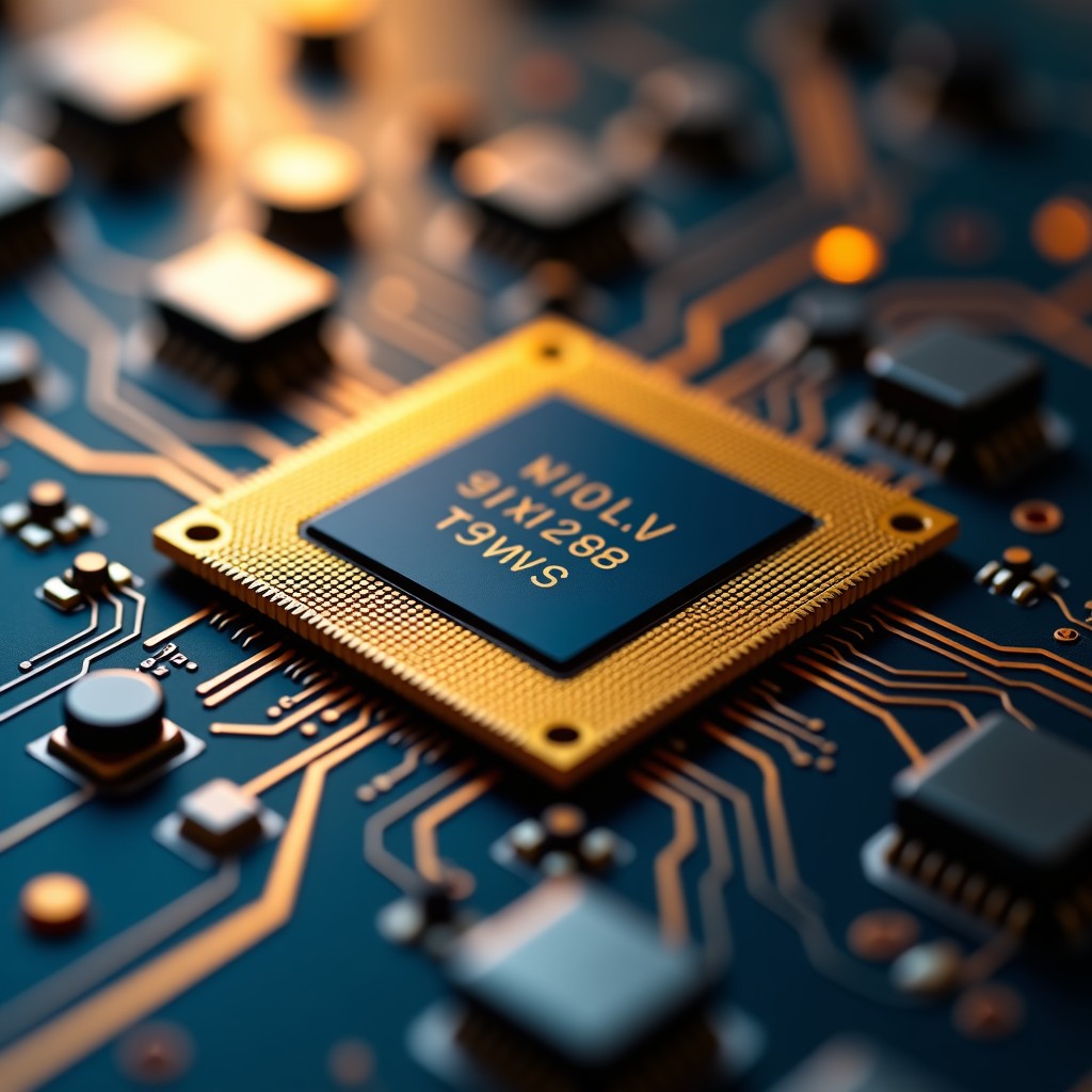 Close up of intricate quantum processor chip with gold and silver circuitry, cinematic lighting, shallow depth of field, 4:3