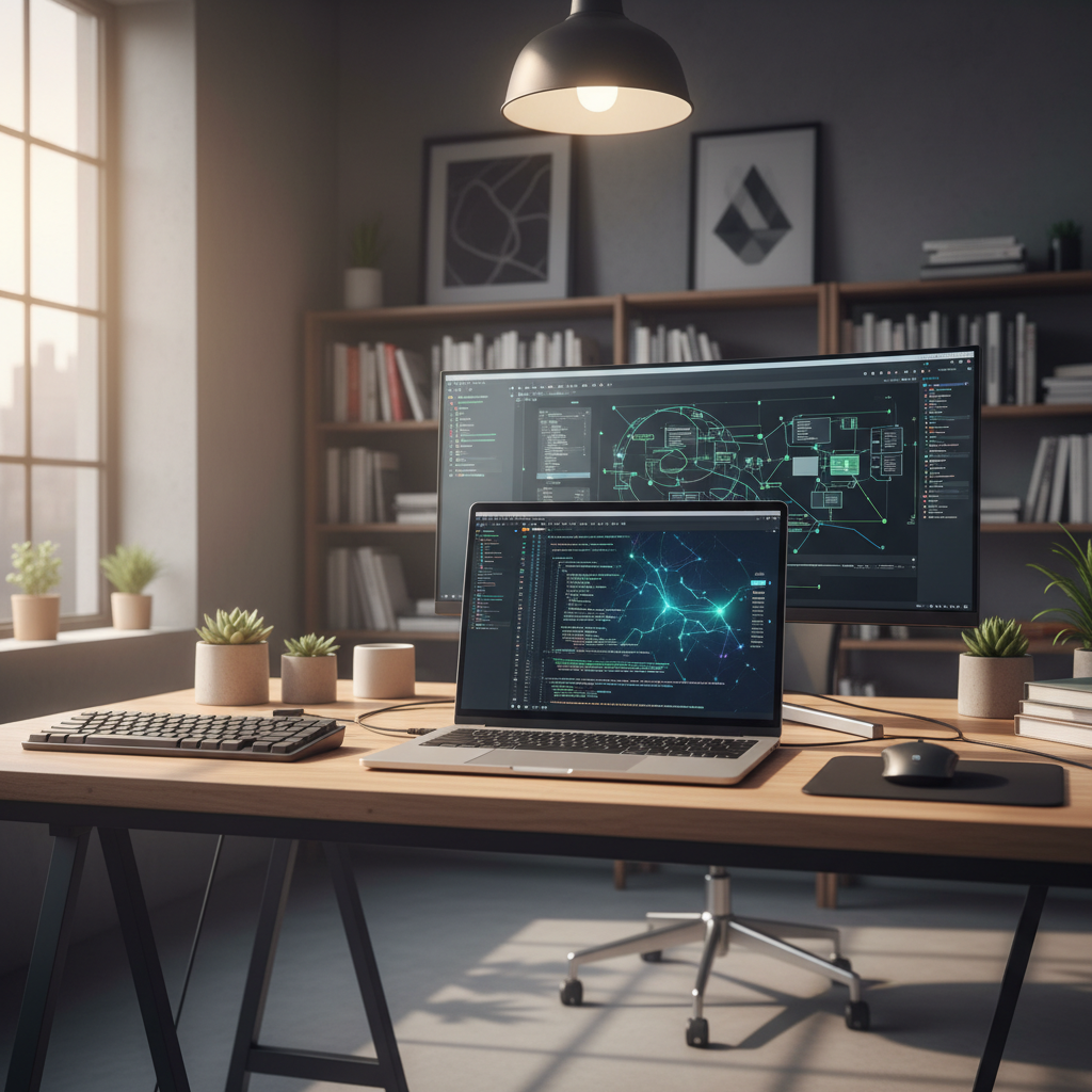 복잡한 코드 에디터 화면과 AI가 협업하는 모습