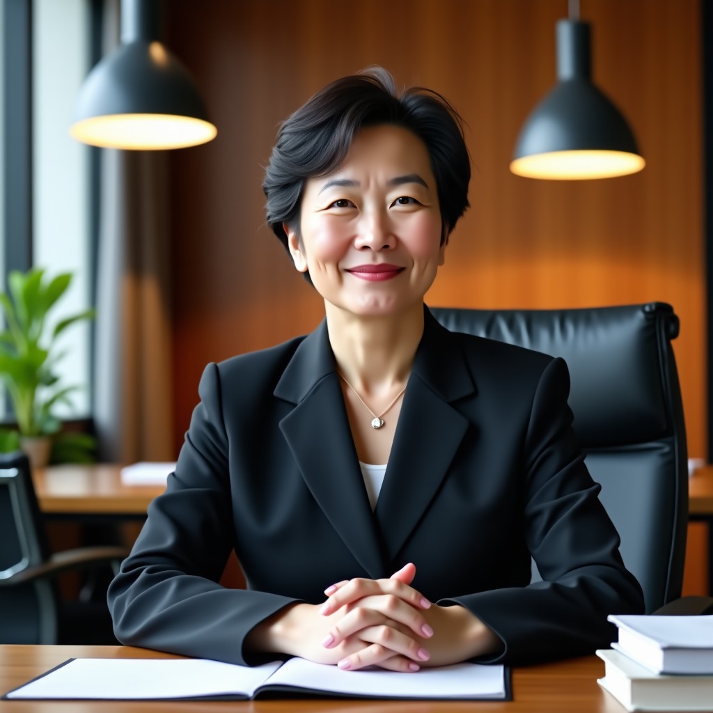 A professional and intellectual portrait of a Korean female journalist and activist in her 50s. She is sitting in a modern office with books and a microphone, wearing a sophisticated suit. The lighting is warm and focused, suggesting a person of deep thought and conviction. High quality photography style. 4:3