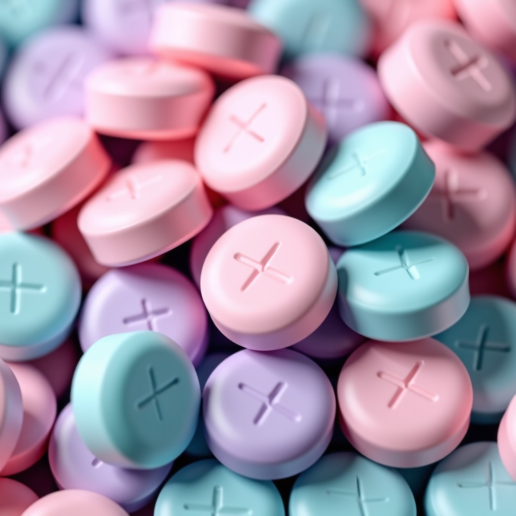 Detailed shot of the inside of rom&nd miffy pops cheek. Small pastel-colored tablets in pink, lavender, and mint colors clustered together like candy. High contrast and clean layout. 4:3