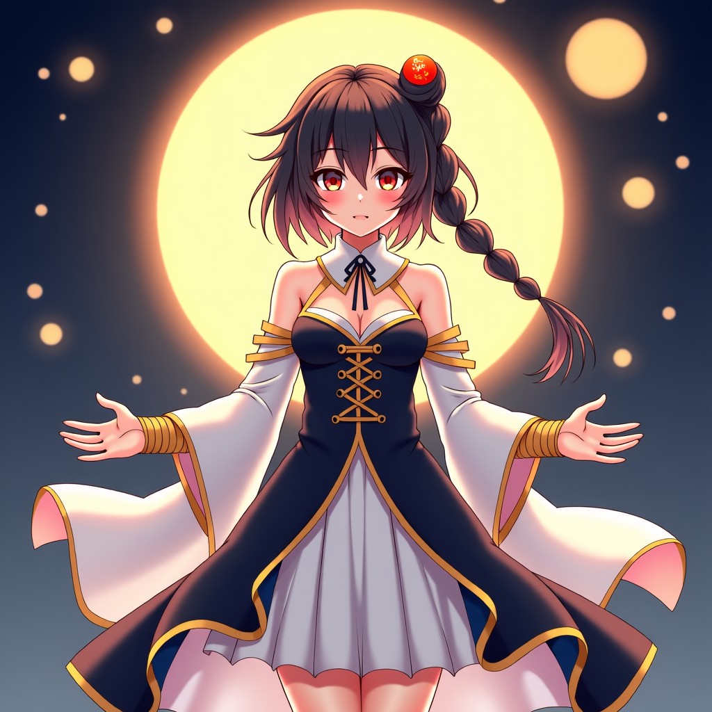 A magical girl costume with a half white and half black color scheme, golden accents, balance and symmetry theme, cosmic background with sun and moon, detailed character art, high quality anime style, 4:3