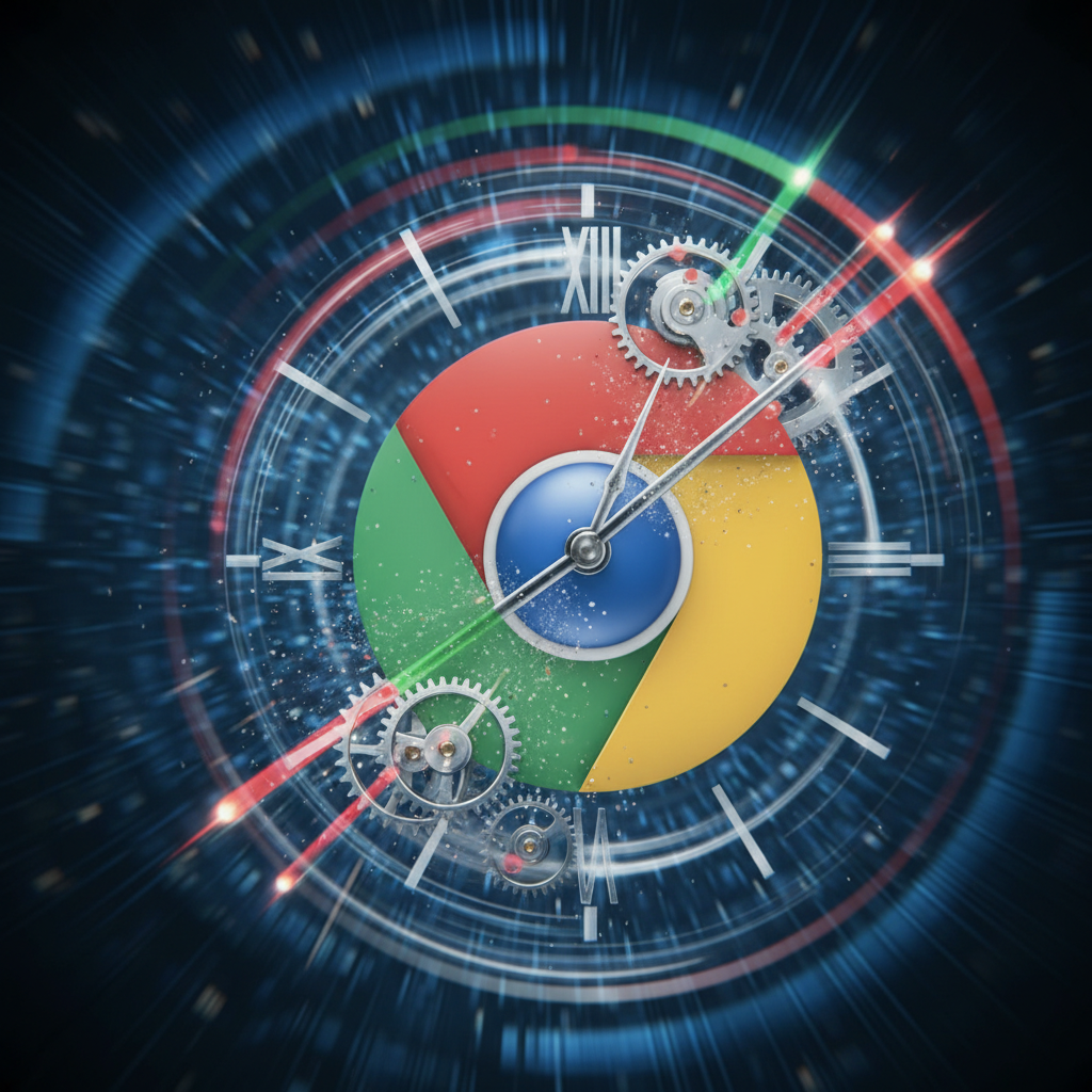 빠르게 회전하는 시계 바늘과 구글 크롬 로고가 결합된 모습