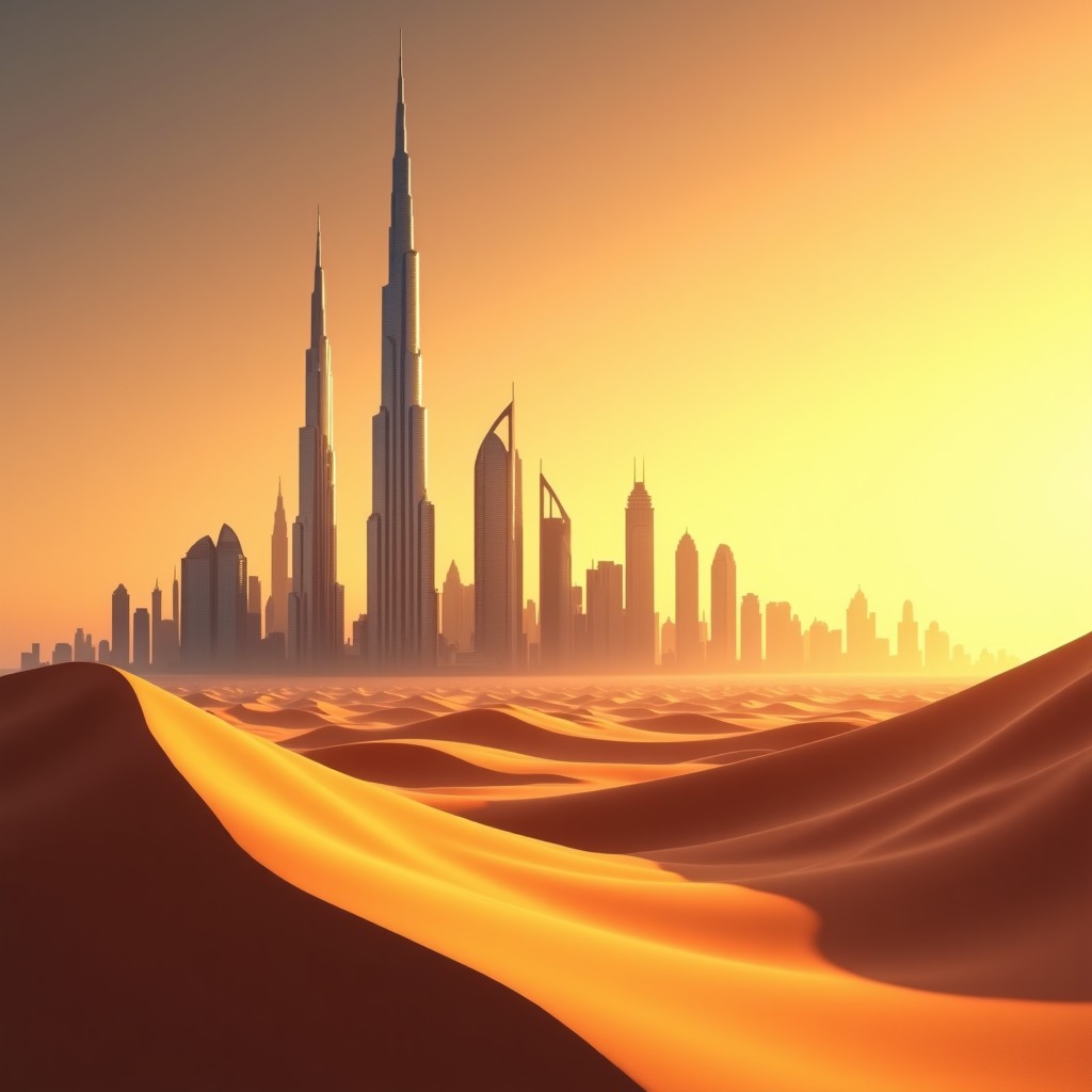 A cinematic illustration of the contrast between the golden sand dunes of the Arabian desert and the futuristic metallic skyline of Dubai. Warm sunset lighting with long shadows. Artistic rendering style. 4:3