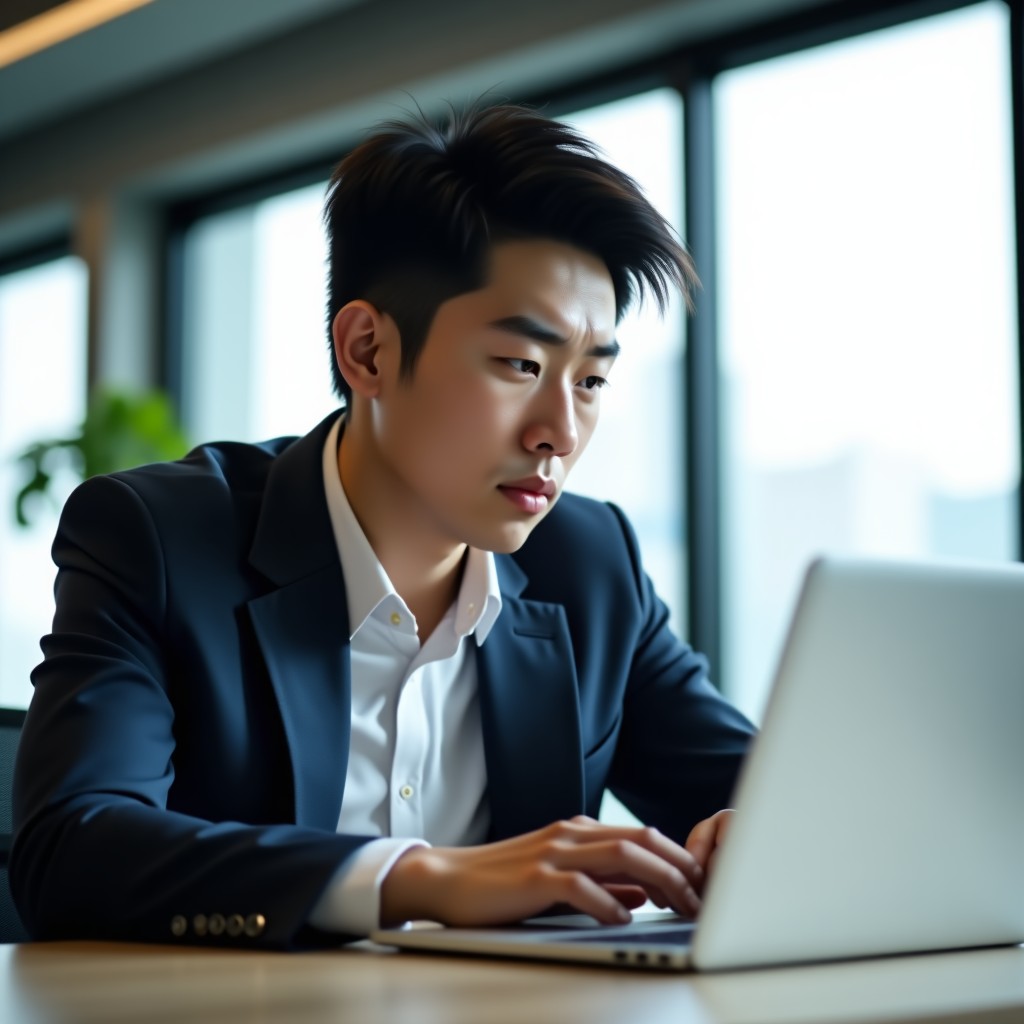 A professional young Korean office worker sitting at a desk with a laptop, looking thoughtful and slightly stressed, modern office background, soft natural lighting, 4:3