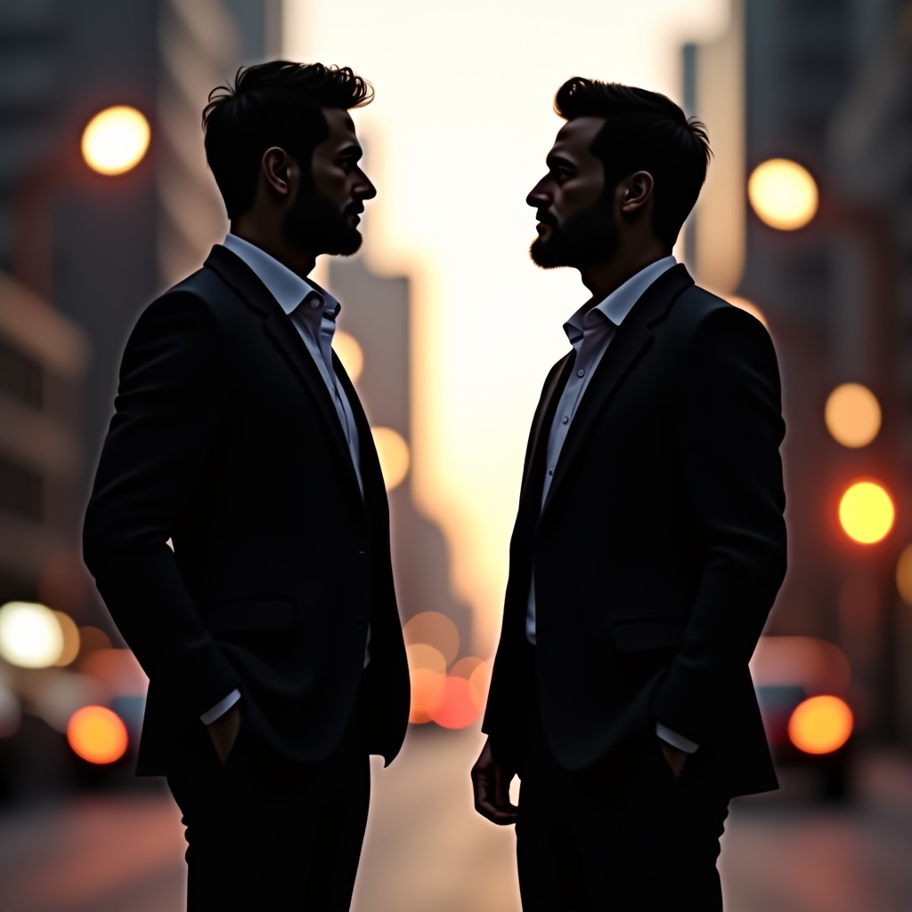 Two men standing in a modern urban environment with contrasting vibes. One looks professional and steady, the other looks artistic and free-spirited. Silhouette style with city lights in the background. Cinematic composition. 4:3