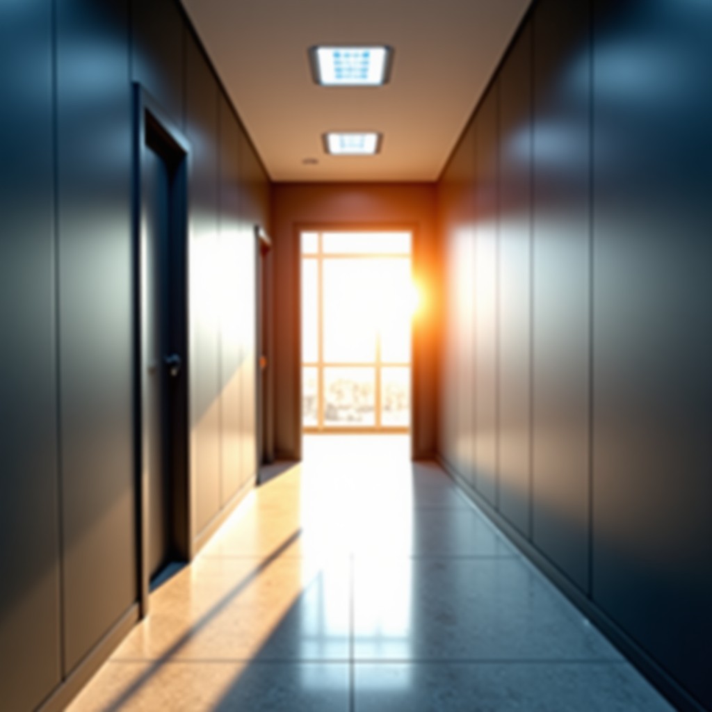 A realistic image of a modern office hallway leading to a bright open door with sunlight streaming in, symbolic of future career opportunities, high contrast, 1:1