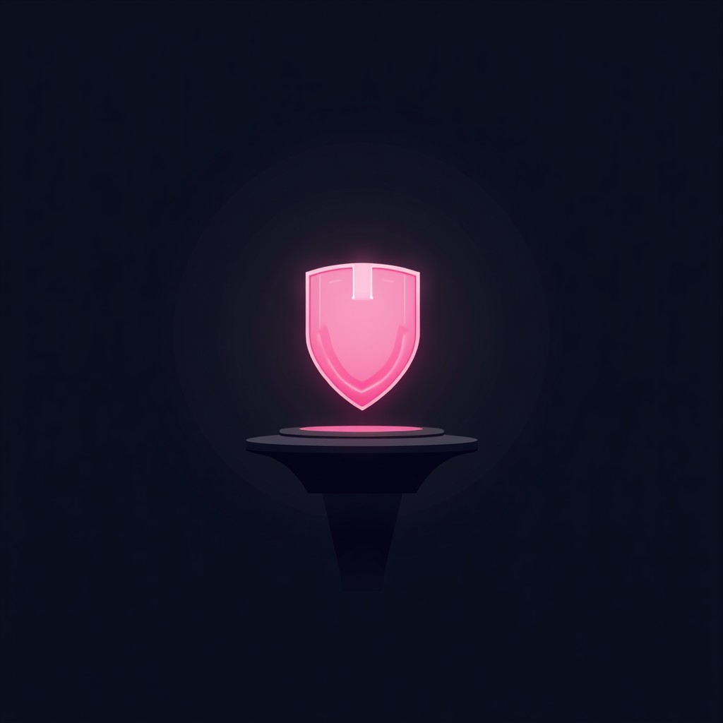 A dark, moody digital illustration of a futuristic video game interface with a glitch effect and a stylized shield icon, minimalist design, high contrast, 4:3 aspect ratio.