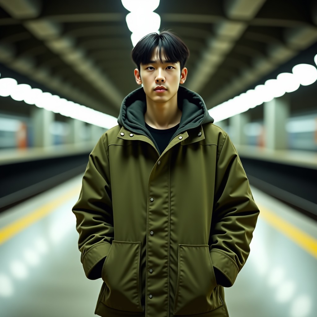 A trendy Korean man wearing an oversized, heavily distressed vintage olive green padded jumper standing in a modern urban train station setting, cinematic lighting, street fashion photography style, 4:3