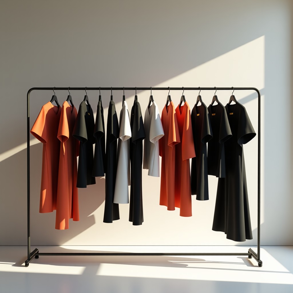 High-end fashion designer studio with unique artistic garments hanging on a minimal rack, soft studio lighting, sophisticated atmosphere, 1:1