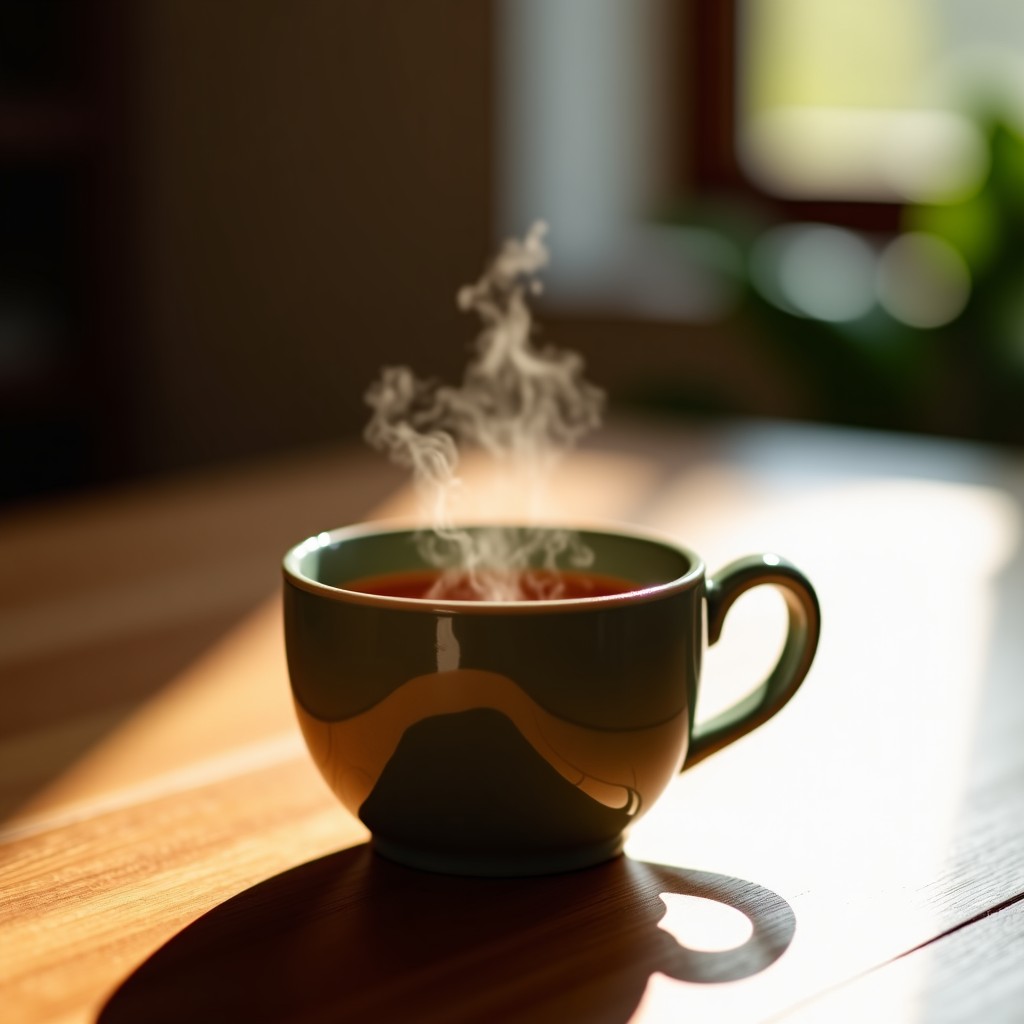 A ceramic cup filled with warm tea on a wooden table, steam rising gently, cozy and peaceful atmosphere, soft focus background, 4:3 aspect ratio.