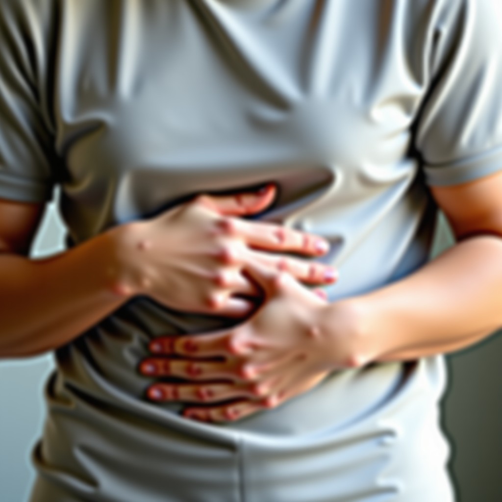 Close up of a person pressing the space between the thumb and index finger with their other hand to relieve indigestion, soft natural sunlight, clean and minimal background, 4:3 aspect ratio.