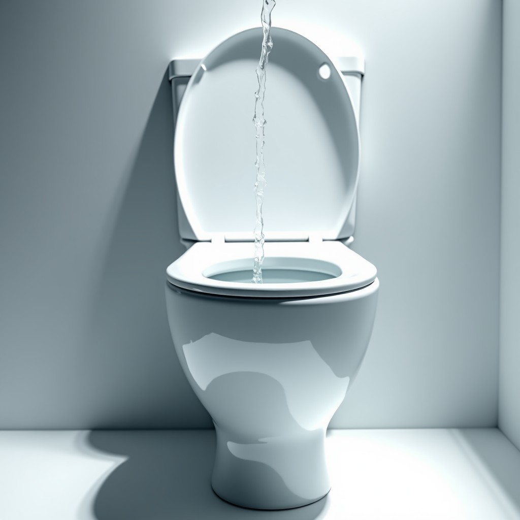 A sparkling clean white toilet in a bright modern bathroom with water swirling down smoothly. The image conveys a sense of relief and cleanliness. High contrast and bright lighting. 4:3