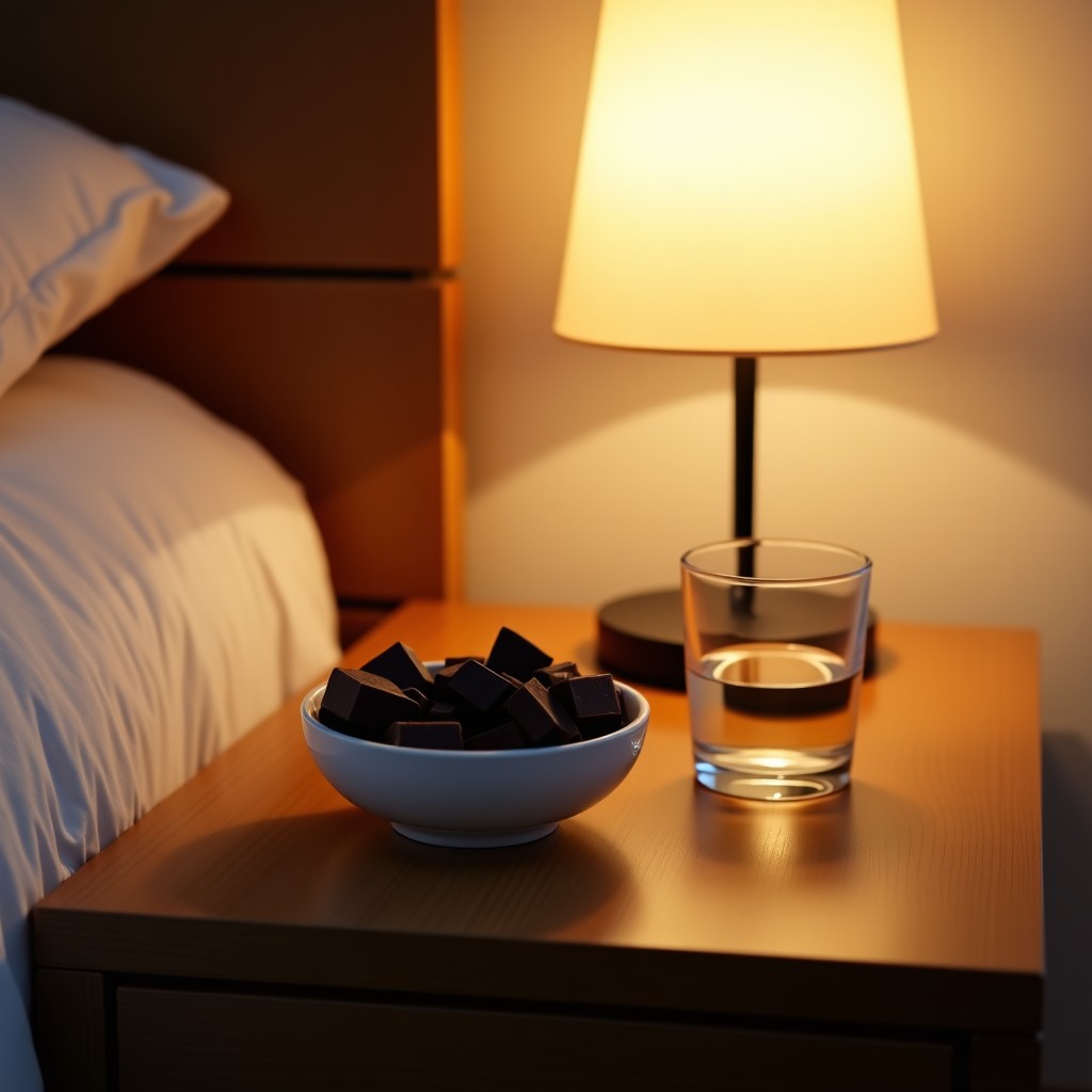 A clean, modern flat lay photograph of a wooden bedside table with a small bowl of dark chocolate pieces, a glass of water, and a warm lamp, soft evening lighting, high resolution, 4:3 aspect ratio