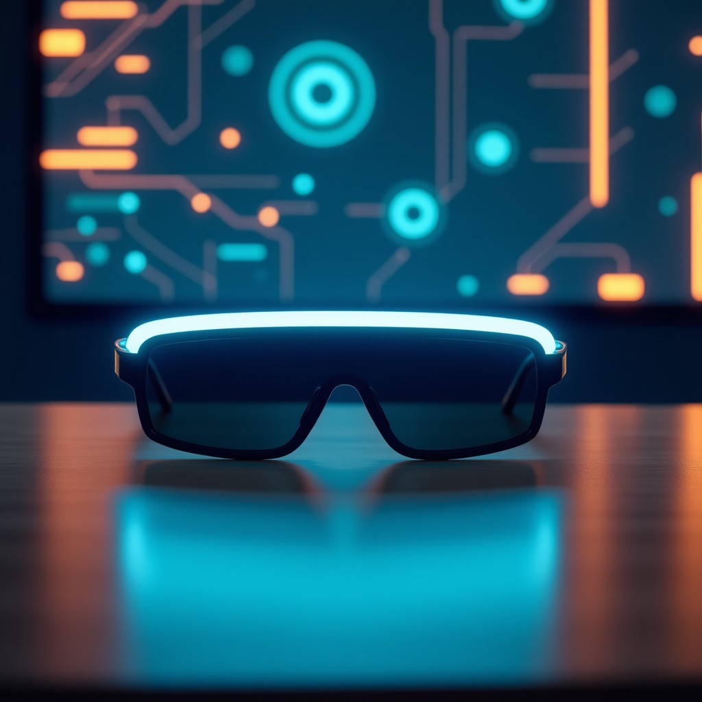 A futuristic pair of AI smart glasses resting on a wooden desk with a digital circuit abstract background, cinematic lighting, high resolution, 4:3