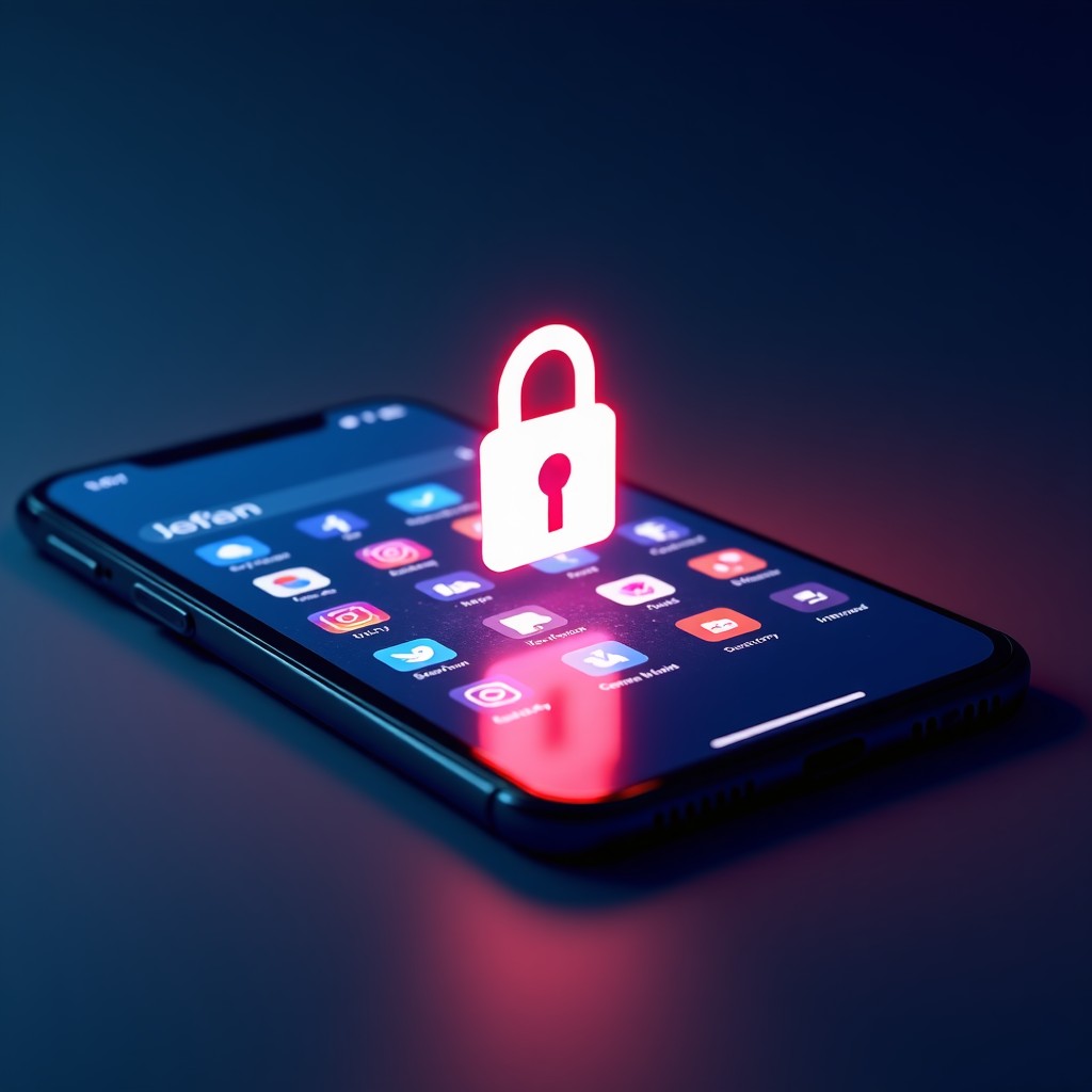 A modern smartphone screen displaying a glowing digital padlock icon surrounded by various social media app icons. The background is a dark, tech-oriented gradient of deep blue and purple. High contrast, sharp focus on the security element. 1:1