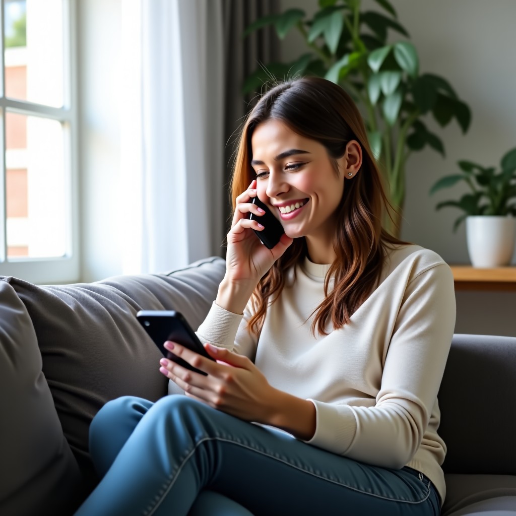 A young woman sitting comfortably on a sofa at home, holding a smartphone and talking naturally as if in a call. Soft natural lighting from a window. The atmosphere is calm and modern. High quality lifestyle photography. 4:3