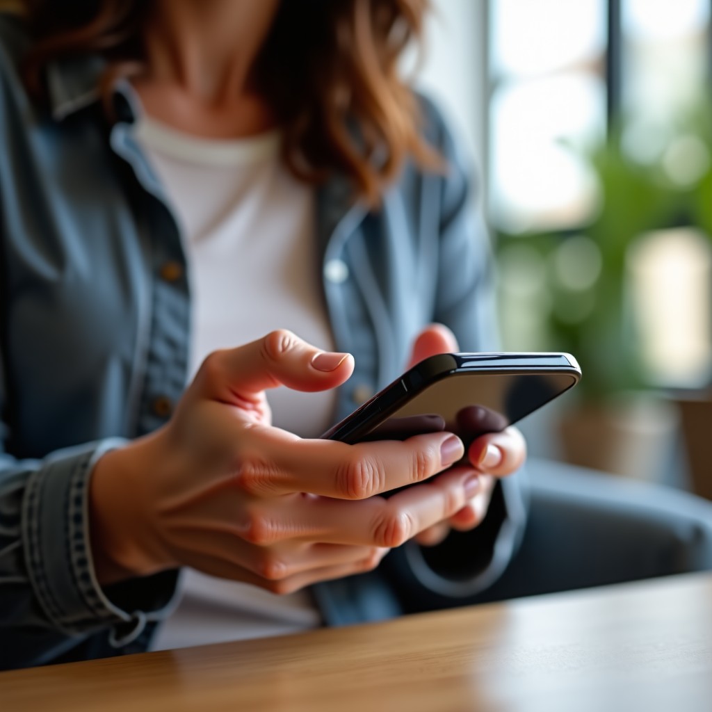 Close up of a person hands using a high-end smartphone to make an online appointment, clean modern indoor lighting, lifestyle photography, 1:1