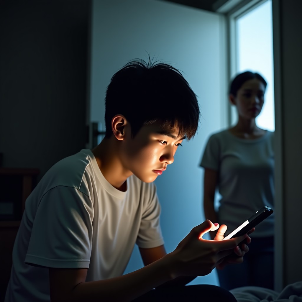 A lifestyle photograph of a Korean teenager looking intensely at a smartphone screen in a dimly lit room, while a concerned parent looks on from the doorway, soft natural lighting, emotional atmosphere, 4:3