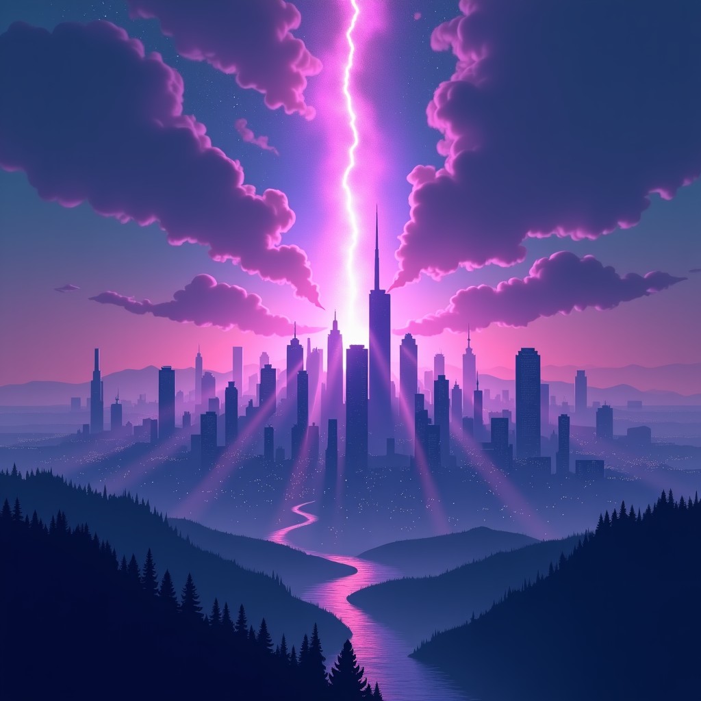 A cinematic illustration of a futuristic city skyline with a purple and blue cosmic rift in the sky, distorted light effects, artistic and mysterious atmosphere, high resolution, 4:3