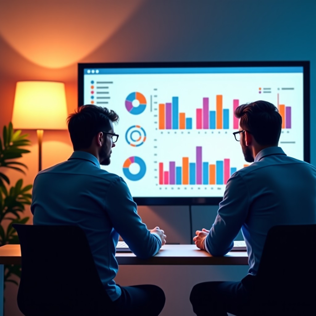 A professional and vibrant office setting where marketers are analyzing data about the senior market. On the screen, colorful charts represent market growth. The atmosphere is modern and energetic with warm lighting. 4:3