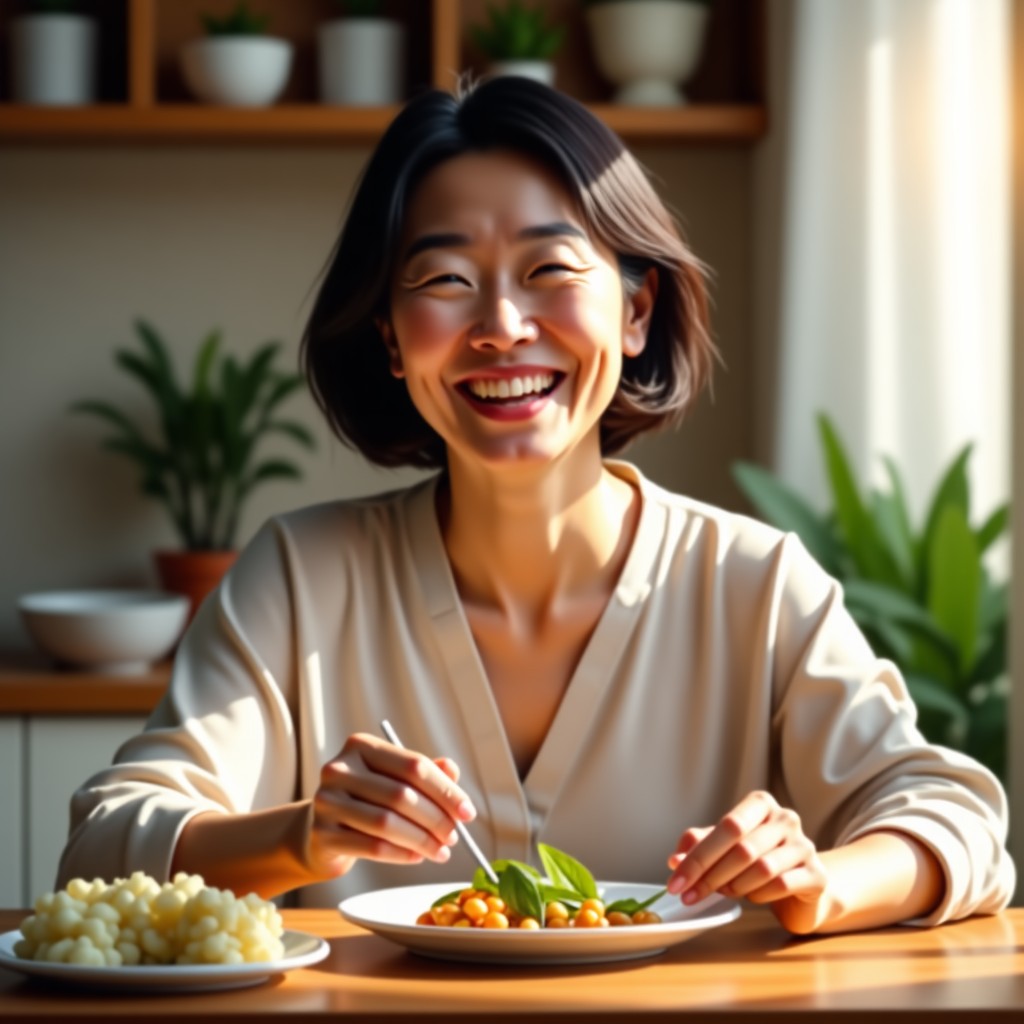 A healthy middle-aged Korean woman with glowing skin, smiling contentedly after a meal. Natural home setting, warm lighting, representing vitality and wellness. No text. 4:3