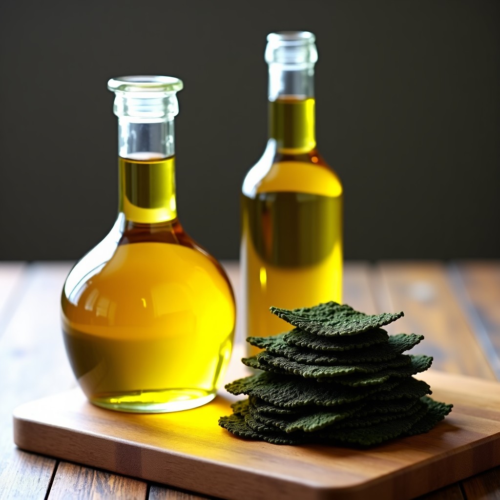 High-quality olive oil and perilla oil in glass bottles next to a stack of toasted seaweed. Golden liquid texture, rustic wooden table, healthy ingredients composition. No text. 4:3