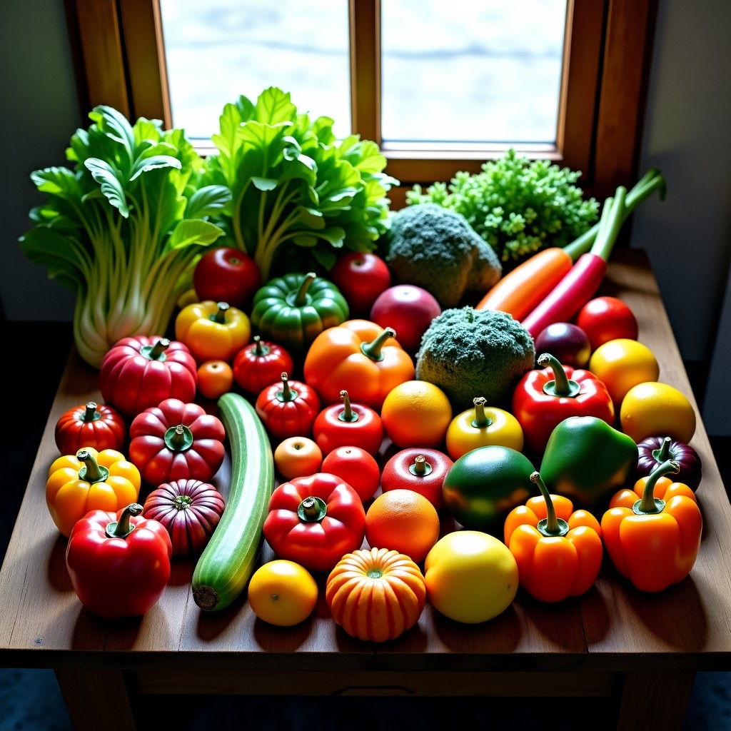 A wide variety of fresh vegetables and fruits arranged artistically on a rustic wooden table, bright natural sunlight from a window, vibrant colors, top-down perspective, high resolution photography. 4:3
