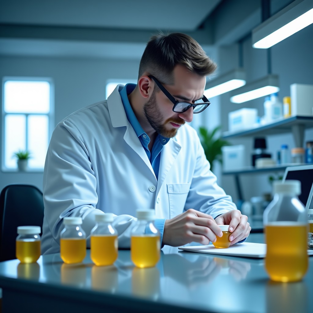A professional laboratory setting where a researcher is examining baby formula ingredients. High-tech equipment, clean environment, modern layout, high contrast. 4:3