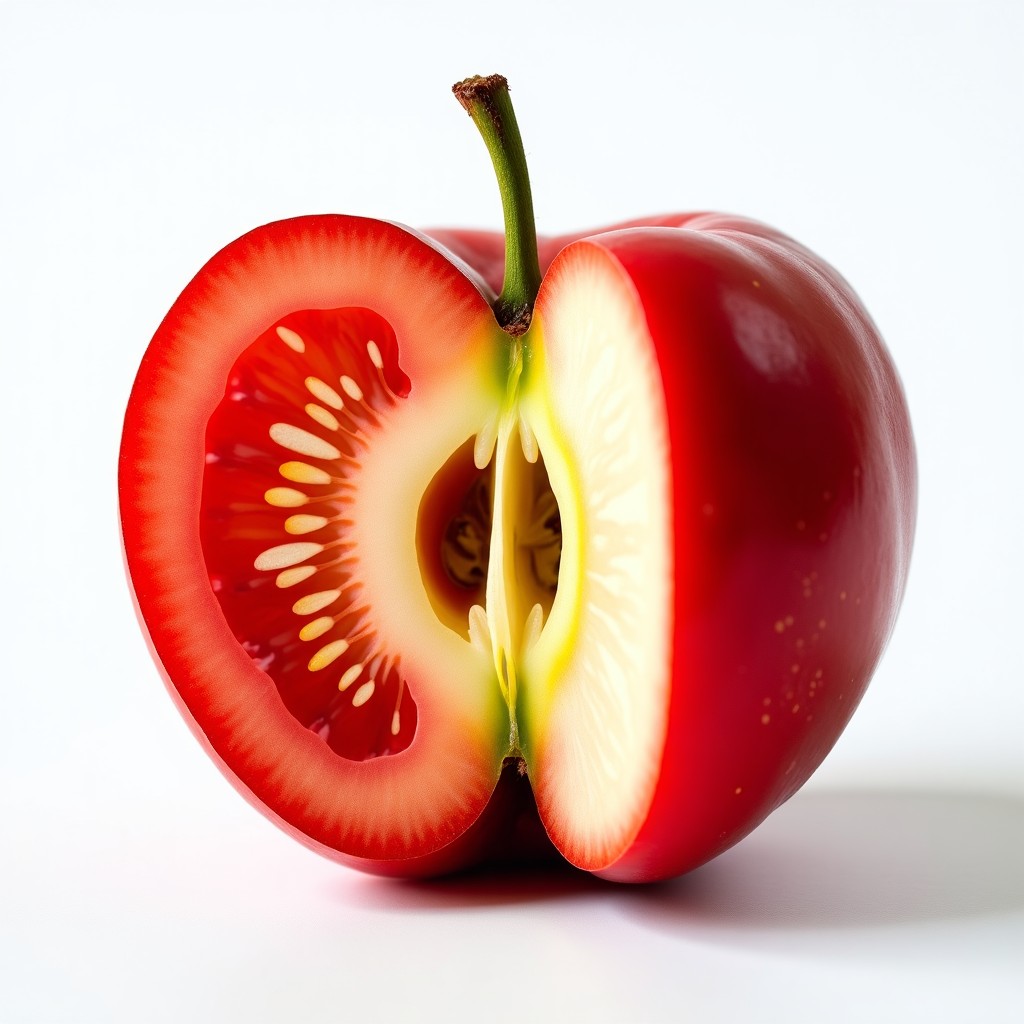 A detailed cross-section of a ripe red tomato and a crisp red apple side by side, showing internal seeds clearly, macro photography, clean white background, studio lighting. 4:3